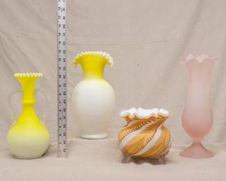 Beautiful antique art glass vases including a Westmoreland satin pink glass swung vase, a globe form vase with fantastic diagonal pulled feather design, and a Victorian era cased satin glass yellow to white vase with ruffled rim and two applied thorn handles 