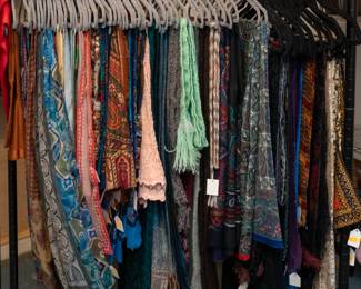 Dazzling selection of vintage scarves, silk, wool, brocade, crocheted, find the color and style to complement your look!