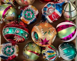 Classic vintage Christmas ornaments, many with hand painted decoration