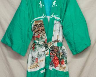 A vintage Japanese kimono robe, green with beautiful scenery pattern, and a tie belt for waist