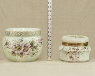 A very hard-to-find large Wavecrest jardiniere or planter made by the C. F. Monroe glass company late 1800's, next to a large 1894 sample Wavecrest glass dresser box, collars and cuffs box, 7-1/2 inches wide; octagonal form with hinged round lid, hand painted with floral sprays. Quilted pink satin padding inside, and painted on the inside with "Sample," decoration name and mould number with "1894"