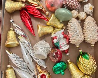 Tons of vintage and antique figural Christmas Tree ornaments, many German, including pine cones, bells, flowers, spirals, icicles, Santa Claus, and so much more!