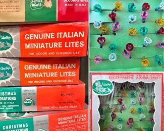 Boxes of vintage Genuine Italian Miniature Lights for indoor and outdoor use, Christmas decorations made in Italy, sold in Chicago back in the day!