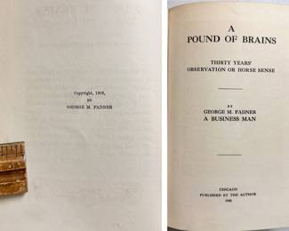 Inside pages of A Pound Of Brains by George M. Fadner, 1908 first edition, hardcover, self-published