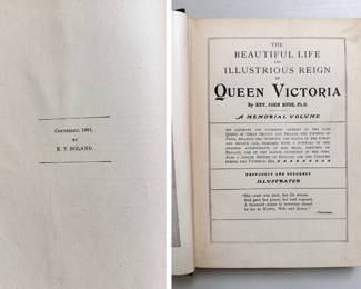 Inside pages of antique copy of Beautiful Life and Illustrious Reign of Queen Victoria, by Rev. John Rusk, Ph.D., 1901 hardcover