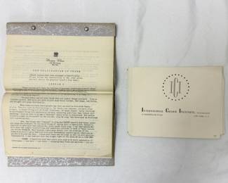 Inside pages from vintage pamphlets and correspondence lessons, etiquette guides including "Charm: The Smart Point of View" and "What Shall I Do - Everyday Questions and Answers on Etiquette"