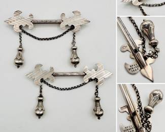 Rare 1848 antique pair of English sterling silver fleur-de-lis & chain drops cape pins or bar brooches by Hilliard & Thomason. Solid silver with hand chased fleur-de-lis shapes with diagonal chased detailing, joined with a central bar that is also hand chased with foliate detail. Stamped on the back with 'H&T' (Hilliard & Thomason, Birmingham silversmiths) and 'Regd 30 March 1848'