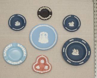 A selection of Wedgwood Jasperware and embossed Queen's Ware ashtrays and plate