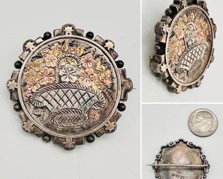Antique Victorian sterling silver & gold overlay brooch with flower basket motif