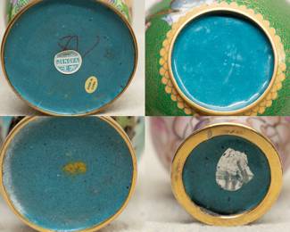 Close up view of the bases of the splendid selection of Chinese Cloisonné vases, ginger jars and lidded urn jars, finely decorated in colorful enamels and polished brass; exceptional Cloisonné work in multiple colors with beautiful clouds, birds, flowering plum, chrysanthemum and peony, and geometric patterns throughout.