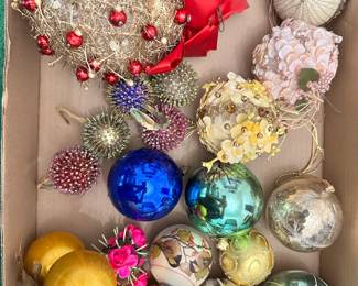 Vintage blown glass and hand beaded Christmas Tree ornaments, many German; lots of brilliant color ornaments in pine cone, ball, icicle shapes some with hand painted decorations. 