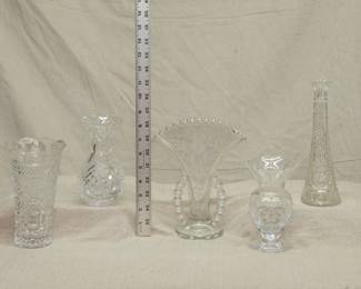 Vases including an Imperial Glass Company Candlewick pattern fan vase with etched cornflower design, a Heritage Irish Crystal cut glass vase, and a Mikasa Crystal Romantic Ribbons vase 