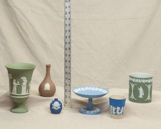Wedgwood jasperware and jasper dip vases and footed dish in green, blue, dark blue and taupe, along with a Copeland Spode jasperware style vase