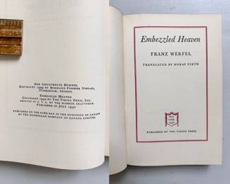 Inside pages of Embezzled Heaven by Franz Werfel translated by Moray Firth, first edition hardcover July 1940, The Viking Press New York