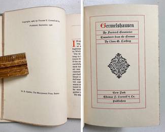Inside pages of Germelshausen, by Frederick Gerstacker, 1906 hardcover; translated from the German by Clara M. Lathrop