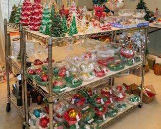 This sale has tables and racks filled with vintage Christmas decorations - Christmas tree ornaments, strings of lights new in box, vintage boxes of tinsel garland, huge selection of vintage hand blown glass ornaments in all shapes and colors, many from Europe; table top trees, Harold Gale Santa figures, nativity scene animals, boxes of candles, holiday dishware crystal, and so much more!