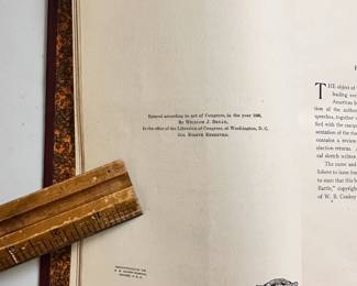 Inside page of The First Battle A Story of The Campaign of 1896 by  William J. Bryan, first edition leather hardcover, 1896, presentation W. B. Conkey Company publishers