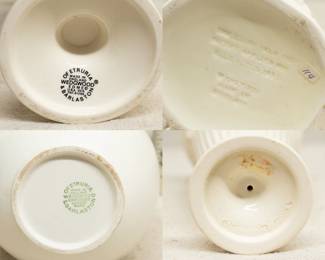 Closeups of the rare antique Wedgwood Elihu Yale Toby Jug - manufactured in 1933 for the Yale Publishing  Company, Wedgwood creamware trumpet form vases and a Wedgwood Etruria & Barlaston Queensware twin handled vase embossed with classical motifs 