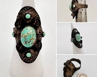 A vintage Tibetan  wrap ring, hammered texture metal set with turquoise cabochon and turquoise beads