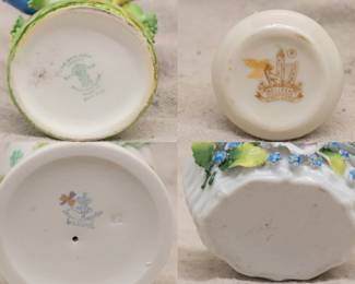 Closeups of the Staffordshire Fine Bone China floral bouquet figurine, a Belleek Ireland porcelain bud vase, a vintage Irish Dresden Porcelain green lace Easter egg, and a vintage porcelain Easter basket