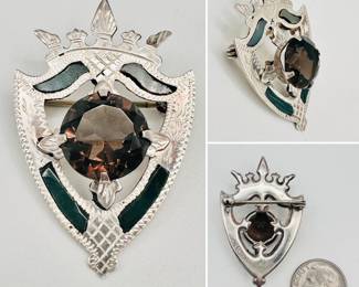 Antique Scottish pebble jewelry shield shaped brooch, openwork sterling silver set with native stones