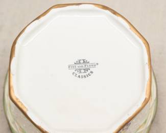 Closeup of three Fritz & Floyd Garden Rhapsody figural porcelain lidded trinket boxes, delightful rabbit and flowers design