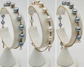 Three natural pearl and 14k gold bracelets