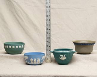 Vintage Wedgwood jasperware bowls in blue, green, and drabware