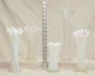 A selection of antique art glass swung vases including a Northwood diamond point white opalescent swung vase and a Northwood opalescent glass tree trunk white swung vase circa 1912-16