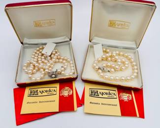 Two vintage faux pearl necklaces from Majorica Heusch in original boxes