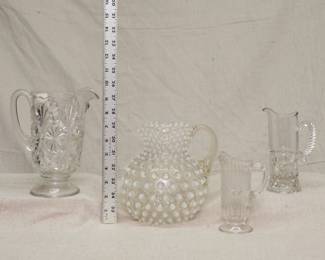 EAPG including a U.S. Glass Co. Feather Duster water pitcher, a Model Flint Glass Company Jewel creamer circa 1899, and an opalescent hobnail glass picther