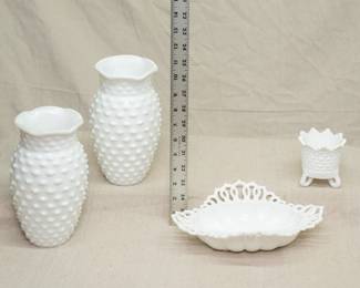 Vintage milk glass including pair of 1930-50s LE Smith milk glass hobnail ruffled rim vases, and a Sowerby Ellison glassworks milk glass spill vase / toothpick holder