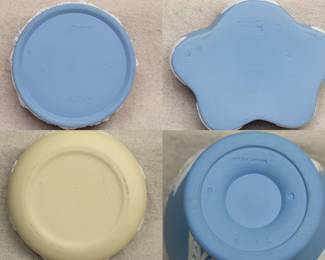 Another view of the Wedgwood jasperware lidded trinket boxes in blue and in primrose yellow, with a Wedgwood jasperware urn shape vase