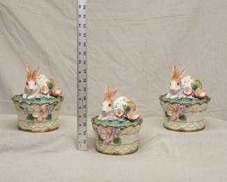 Three Fritz & Floyd Garden Rhapsody figural porcelain lidded trinket boxes, delightful rabbit and flowers design