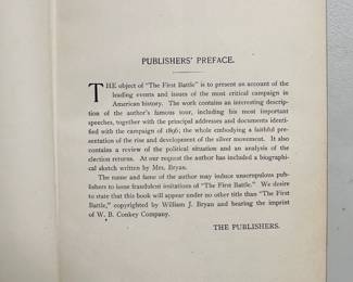 Inside page of The First Battle A Story of The Campaign of 1896 by  William J. Bryan, first edition leather hardcover, 1896, presentation W. B. Conkey Company publishers