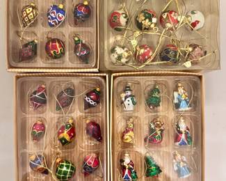 More vintage colorful Christmas tree ornaments, hand painted glass in a variety of shapes and colors, in original packaging
