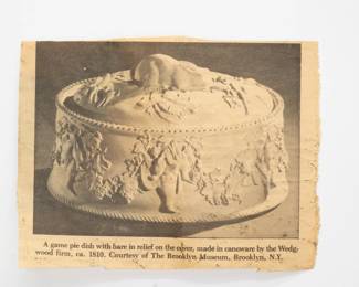 Similar Wedgwood game pie dish circa 1810 resides in The Brooklyn Museum, New York.