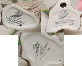 Closeups of the Boehm "Costa's Hummingbird with Rubrum Lily" porcelain figurine, limited edition #581, dated 1991; a Boehm "Ruby-throated Hummingbird with Moundlily Yucca" porcelain figurine, limited edition #374, dated 1989; and a Boehm "Allen's Hummingbird with Iris" porcelain figurine, limited edition #371, dated 1992.