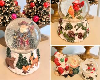 Vintage Christmas snow globes - Santa and his reindeer, Northern Cardinal birds with pine branches and pine cones, St. Nick carrying packages through the snow (supported by reindeer, bears and squirrels), and more!