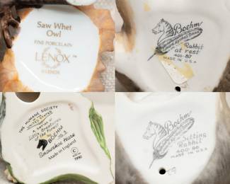Closeup of a Lenox porcelain Saw Whet Owl figurine, and three Boehm porcelain rabbit figurines: Rabbit at Rest, Snowshoe Hare, and Sitting Rabbit.