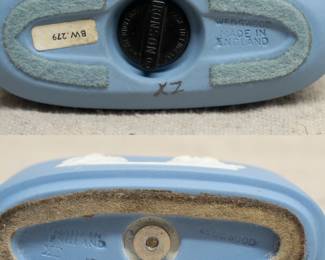 Closeup of the pair of very fine vintage Wedgwood blue jasperware table lighters