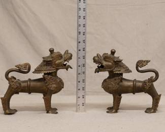 Pair of vintage Asian brass temple guardian lions or foo dog sculptures