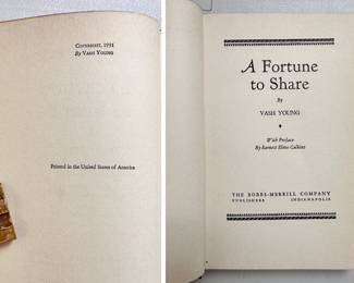 Inside pages of A Fortune To Share, by Vash Young, 1931 First Edition, hardcover, publisher The Bobbs-Merrill Company