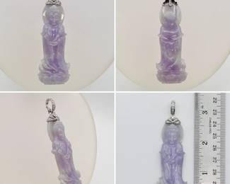 A carved lavender jade Guanyin pendant mounted in 18k white gold with diamonds
