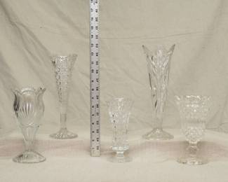 EAPG vases including a Fostoria Vase 402 Valkyre (OMN) Strawberry & Fan Variant EAPG clear vase, a graceful cut glass tulip vase, an EAPG Bryce Higbee Arched Fleur-de-lis Vase, and a vintage clear cut glass celery vase