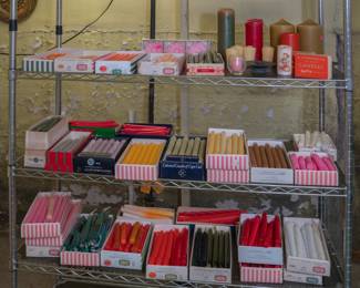 Candles! Dozens of boxes of candles in a wide range of colors, most are new in boxes; a big box filled with votive candles, this sale also has vintage 60s/70s holiday decoration candles, candleholders too.