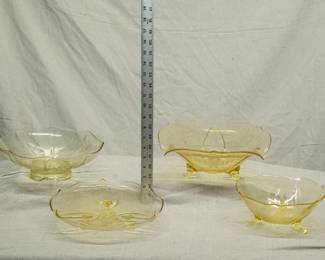 Beautiful yellow Depression glass footed bowls including a vintage Lancaster 1930's yellow depression glass bowl 3-toe footed shape with wheel cut flowers