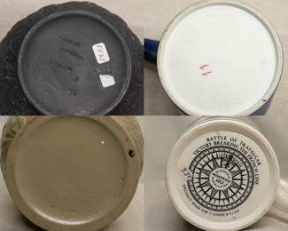 Some closeups of the vintage Wedgwood pitchers and mugs including a drabware pitcher, a jasper dip mug commemorating King Edward VIII coronation, a Wedgwood "Battle of Trafalgar" Lord Nelson tankard mug, and a Wedgwood black basalt 'Four Home Nations' creamer embossed the four home nations Wales (harp), Ireland (shamrock), England (rose) and Scotland (thistle) and arabesque relief
