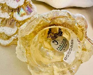 Closeup of the Fenton Glass Christmas tree shaped ornaments