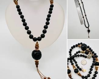 Natural stone and carved jet bead necklace